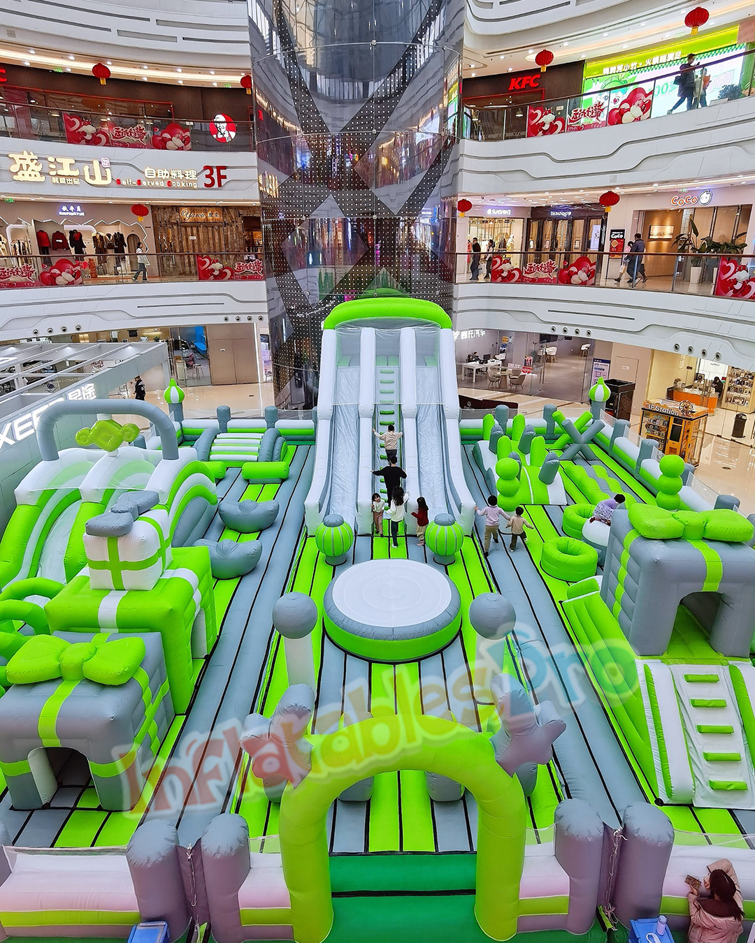 Commercial inflatable bounce park installed in a shopping mall